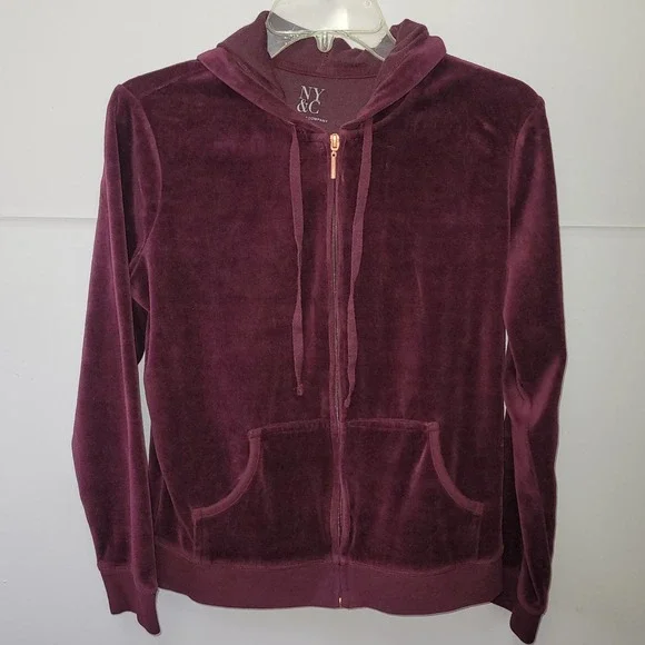 NY&C Velour Sweatsuit Sz M Burgundy Zip Hoodie Wide Leg Pants Set Y2K Athletic - Picture 2 of 14